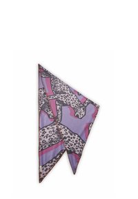 Écharpe violette avec un motif léopard abstrait, mettant en avant des accents rouges et roses. La texture du tissu semble lisse avec des coutures bordées.