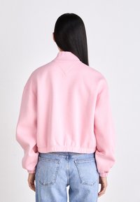 Felpa corta rosa con collo alla coreana, orlo elastico e polsini a coste. Tessuto dalla trama liscia, vestibilità rilassata, con dettaglio a cucitura triangolare sulla schiena.