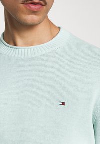 Maglione a maglia verde menta chiaro realizzato in un tessuto morbido, con un colletto a girocollo rigato e un piccolo logo con accenti rosso, bianco e blu.