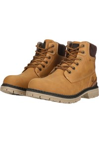 Ruske nahke čevlje do gležnjev s rjavimi poudarki, okroglo konico, teksturirano obrobo, šestimi kovinskimi očesi in debelim bež gumijastim podplatom.