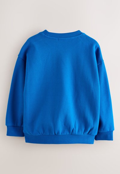 Bright blue crewneck sweatshirt with long sleeves and ribbed cuffs, hem, and collar shown from the back on a neutral background.