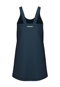 Abito sportivo senza maniche color blu navy con spalline larghe, realizzato in tessuto liscio, caratterizzato da un design semplice e da un logo frontalmente.