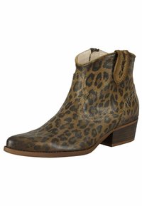 Bottines à imprimé léopard en marron et noir, en cuir texturé, avec un petit talon carré et une fermeture éclair sur le côté pour un enfilage facile.