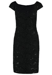 Abito in pizzo nero con siluetta aderente, maniche corte a cappuccio, motivo floreale e accenti di paillette, che termina sopra il ginocchio.