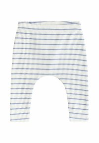 Valkoiset ribbileggingsit, joissa on vaaleansiniset pystysuorat raidat. Niissä on joustava vyötärö ja pyöristetty haaramalli mukavuutta varten.