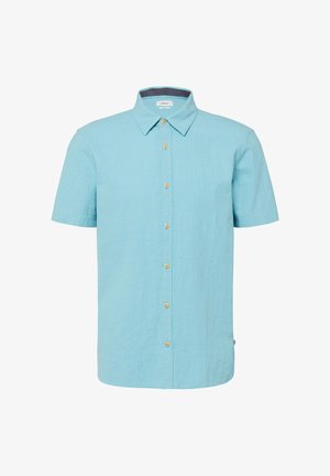 Hellblaues Hemd mit kurzen Ärmeln, klassischem Kragen und Holzknöpfen vorne.