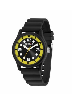 Orologio da polso nero con una ghiera esterna gialla, indicatori delle ore bianchi, lancette argento per ore e minuti e cinturino in silicone nero.