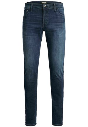 Dunkelblaue Denim-Jeans mit schlanker Passform, fünf Taschen und einem Knopfverschluss. Mit dezenten Verwaschungen und tonaler Naht. Keine sichtbaren Verzierungen.