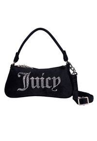 Borsa a spalla in velluto nero con la scritta "Juicy" in strass, dotata di un manico corto e di una tracolla rimovibile e regolabile con fibbia argentata.