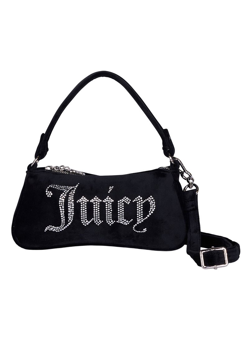 Borsa a spalla in velluto nero con la scritta "Juicy" in strass, dotata di un manico corto e di una tracolla rimovibile e regolabile con fibbia argentata.