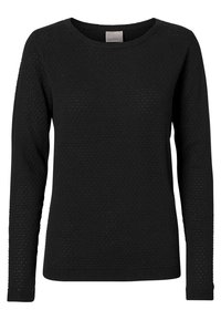 Suéter negro de punto con mangas largas, que presenta un patrón texturizado, dobladillo acanalado y escote redondo. Confeccionado con una tela suave y transpirable.