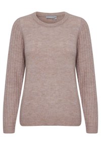 Maglione a coste di colore marrone chiaro con maniche lunghe e colletto a girocollo. Tessuto morbido e leggere variazioni di colore su tutta la stoffa.