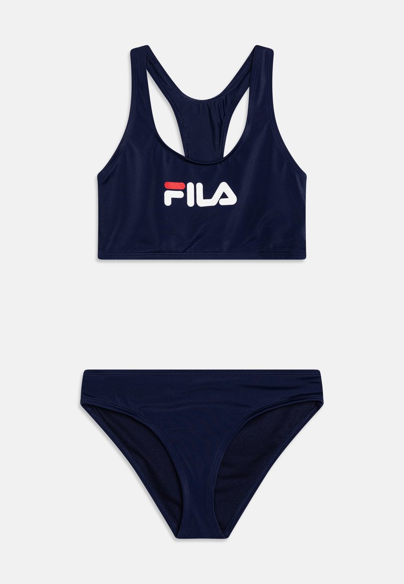 Mörkblå bikiniuppsättning gjord av ett mjukt, stretcht material. Toppen har en racerback-design och en logotyp framtill, medan botten har en vanlig skärning utan dekorationer.