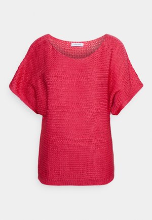 Strickoberteil in kräftigem Pink, weite Ausschnittform, lässige Passform mit kurzen Ärmeln, versehen mit offener Webstruktur und geripptem Saumdetail.