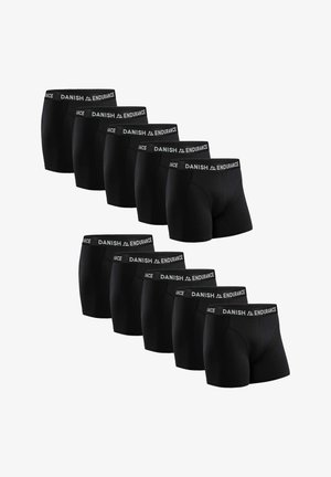 Boxer shorts negros en un paquete de diez. Hechos de material suave, con una banda blanca que presenta el logo "DANISH ENDURANCE" a lo largo de la cintura.