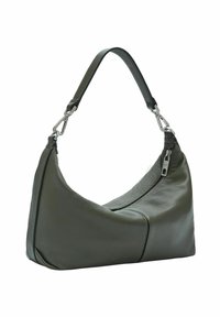 Borsa a spalla in pelle verde scuro con una sola tracolla regolabile e zip in argento visibile sul lato anteriore.