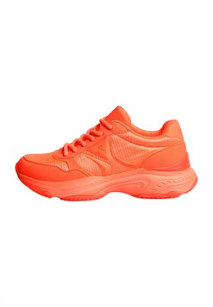 Neon orange athletic shoes with textured fabric, rounded toe, and cushioned sole. Features lace-up design and logo accents on the sides.