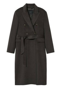 Manteau en laine gris foncé à double boutonnage avec revers crantés, manches longues, taille ceinturée et poches avant. Texture lisse, coupe ajustée.