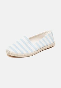 Blue and white striped espadrille flats with a textured canvas upper and a braided jute outsole, featuring a round toe and no visible fastenings.