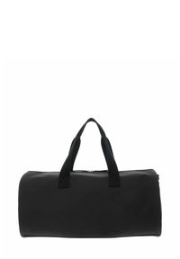 Sac polochon noir avec une texture lisse et mate, fermeture éclair, et deux poignées solides pour le transport. Forme rectangulaire sans motifs visibles.