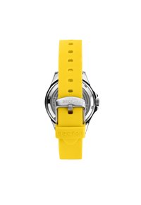 Cinturino giallo in gomma per orologio con fibbia in metallo e logo inciso, dotato di un quadrante circolare e dettagli argentati sulla cassa.