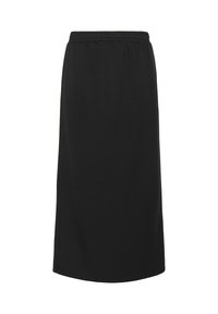 Jupe noire midi avec taille élastique, coupe droite et tissu lisse.