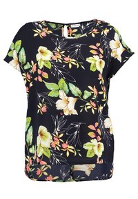 Květinový top s krátkým rukávem v námořnické modři, zdobený barevným květinovým vzorem. Tkanina má hladkou strukturu a vzadu je otvor ve tvaru klíčové dírky.
