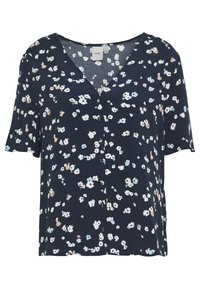 Camicia floreale blu navy con scollatura a V, maniche corte e chiusura con bottoni, decorata con piccoli fiori bianchi, blu e beige.