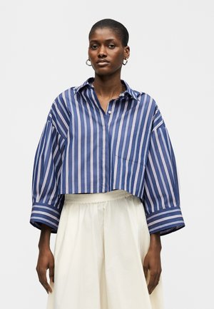 Kvinde iført en blå og hvidt vertikalt stribet cropped skjorte med vide ærmer og cremefarvet højtaljet nederdel, stående foran en ensfarvet baggrund.