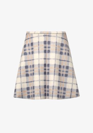 Una mini gonna a balze realizzata in un tessuto morbido con un motivo a quadri crema, blu e beige, dotata di una vita senza cuciture e una superficie liscia.