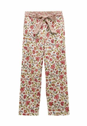 Pantaloni de pijama cu model floral pe un fundal alb, cu flori roșii, roz și verzi. Talie elastică cu detaliu cu șnur.