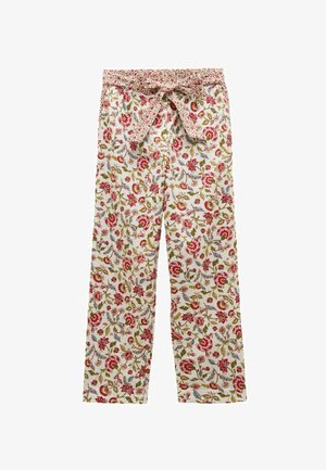 Kukkapainoksiset pyjama housut valkoisella pohjalla, joissa on punaisia, vaaleanpunaisia ja vihreitä kukkia. Joustava vyötärönauha ja solmittava yksityiskohta.