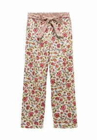 Spodnie od piżamy w kwiatowy wzór na białym tle, z czerwonymi, różowymi i zielonymi kwiatami. Elastyczny pas z wiązaniem.