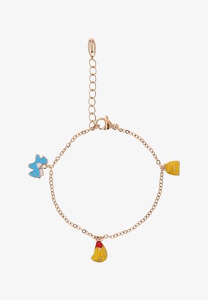 Gold chain bracelet with lobster clasp and three colorful fruit-shaped charms in blue, yellow, and red-yellow enamel.
