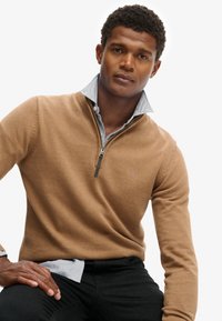 Maglione zip-up marrone con colletto strutturato, indossato sopra una camicia a righe blu e bianche, abbinato a pantaloni neri.