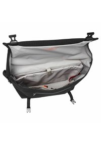 Borsa a tracolla nera con interno grigio, dotata di numerosi scomparti, cerniere, spallacci regolabili e tessuto testurizzato.