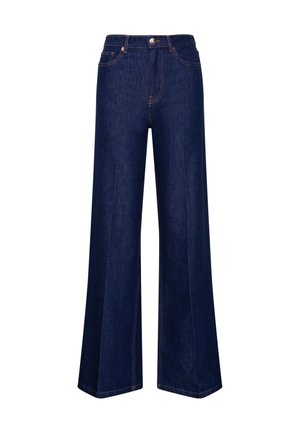 Bredde ben mørkeblå denim jeans med høj talje, der har kontrasterende orange syninger og en klassisk knap- og lynlås-lukning.