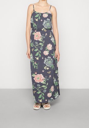 Robe longue bleu marine à fleurs avec fines bretelles, ornée de fleurs roses et vertes, taille cintrée et tissu léger pour plus de confort.