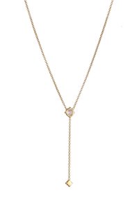 Collier en or avec une chaîne délicate, comportant un charme hexagonal central avec une pierre précieuse, et un accent en goutte à la fin de la chaîne.