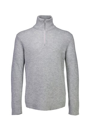 Grijze zip-nekkraagtrui gemaakt van zacht materiaal. Het heeft ribgebreide manchetten en zoom, met een subtiele gebreide structuur overal.