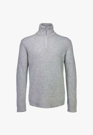 Grauer Zip-Hals-Pullover aus weichem Stoff. Er verfügt über gerippte Bündchen und einen gerippten Saum, mit einer subtilen Strickstruktur im gesamten Stoff.