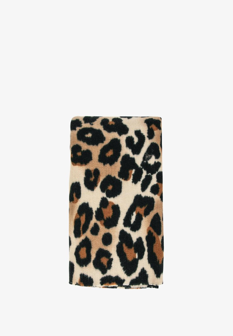 Plaid in pelliccia a macchie di leopardo con base beige, macchie marrone scuro e nere, texture morbida e bordi puliti senza hardware visibile.