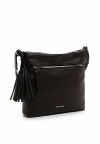 Black leather crossbody bag with textured surface, top zipper, and a side tassel detail. Features a subtle brand logo on the front.