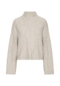 Maglione corto grigio chiaro con colletto alta a dolcevita, caratterizzato da motivi lavorati a treccia e maniche ampie. Tessuto morbido e strutturato con una vestibilità comoda.