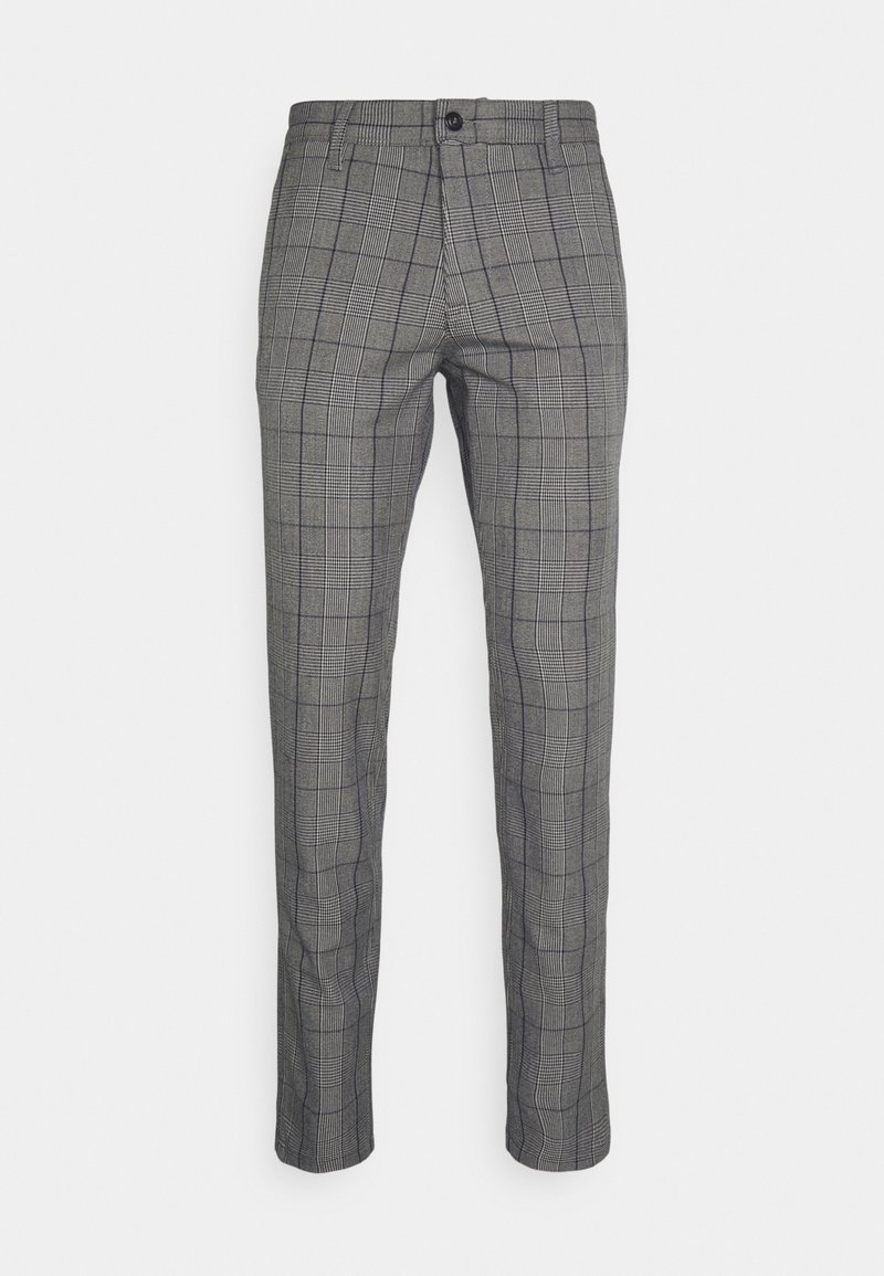 Pantalon gris slim fit avec un motif à carreaux noir et blanc, fermeture par bouton, passants pour ceinture et poches latérales, présenté sur fond blanc.