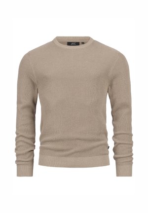 Pull en maille beige à manches longues avec un motif texturé, col rond et poignets ajustés. Fabriqué en tissu doux et respirant.