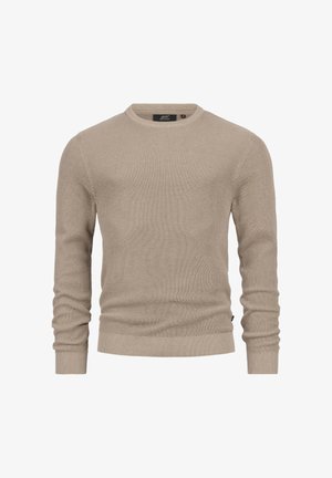 Pull en maille beige à manches longues avec un motif texturé, col rond et poignets ajustés. Fabriqué en tissu doux et respirant.