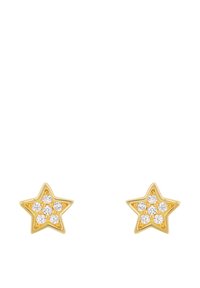 Orecchini a forma di stella dorata con cinque accenti di gemme trasparenti al centro, superficie liscia e finitura lucidata.