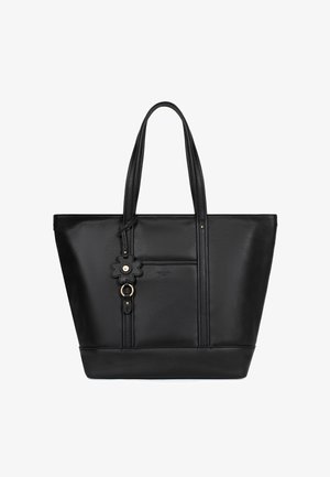 Zwarte leren totebag met dubbele handvatten, voorkantzak en decoratieve bloemensieraad met gouden ringdetail.