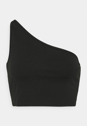 Czarny krótki top na jedno ramię z pojedynczym paskiem po lewej stronie i prostym dołem.